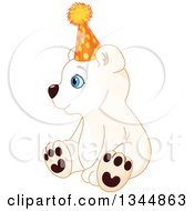 Poster, Art Print Of Cute Baby Polar Bear Cub Sitting Wearing A Party Hat And Facing Left