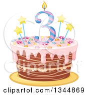 Poster, Art Print Of Third Birthday Cake With A Number Candle Stars Candy And Pink Frosting