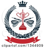 Clipart Of A Red Trophy With Crossed Darts Over A Blank Banner In A Wreath Royalty Free Vector Illustration