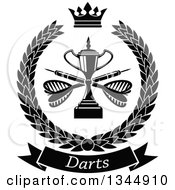 Clipart Of A Black And White Trophy With Crossed Darts Over A Text Banner In A Wreath Royalty Free Vector Illustration