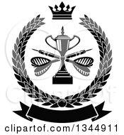 Clipart Of A Black And White Trophy With Crossed Darts Over A Blank Banner In A Wreath Royalty Free Vector Illustration