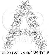 Poster, Art Print Of Black And White Outline Floral Capital Letter A
