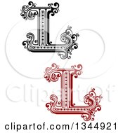 Clipart Of Retro Black And White And Red Capital Letter L With Flourishes Royalty Free Vector Illustration