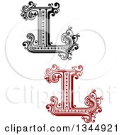 Poster, Art Print Of Retro Black And White And Red Capital Letter L With Flourishes