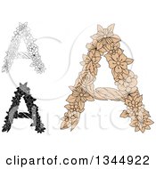 Poster, Art Print Of Black And White Outline And Tan Floral Capital Letter A Designs
