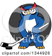 Poster, Art Print Of Cartoon Blue Ice Hockey Owl With A Puck And Stick Over A Gray Circle
