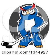 Poster, Art Print Of Cartoon White Outlined Blue Ice Hockey Owl With A Puck And Stick Over A Gray Circle