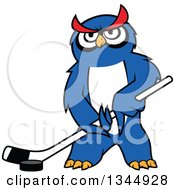 Poster, Art Print Of Cartoon Blue Ice Hockey Owl With A Puck And Stick