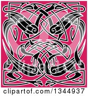 Poster, Art Print Of Black And White Celtic Knot Cranes Or Herons On Pink