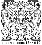 Clipart Of Black And White Lineart Celtic Knot Cranes Or Herons 2 Royalty Free Vector Illustration