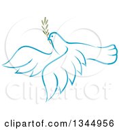 Poster, Art Print Of Sketched Light Blue Flying Peace Dove With A Branch 4