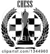 Clipart Of A Black And White Chess Queen Piece Over A Board In A Wreath Under Text Royalty Free Vector Illustration