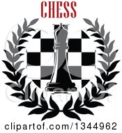 Poster, Art Print Of Black And White Chess Queen Piece Over A Board In A Wreath Under Red Text 2