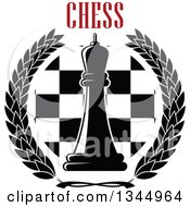 Poster, Art Print Of Black And White Chess Queen Piece Over A Board In A Wreath Under Red Text