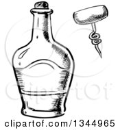 Clipart Of A Black And White Sketched Whisky Bottle And Corkscrew Royalty Free Vector Illustration