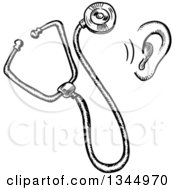 Clipart Of A Black And White Sketched Ear And Stethoscope Royalty Free Vector Illustration by Vector Tradition SM