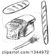 Clipart Of Black And White Sketched Wheat And Breads Royalty Free Vector Illustration