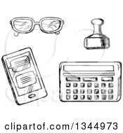 Poster, Art Print Of Black And White Sketched Calculator Stamp Smart Phone And Glasses