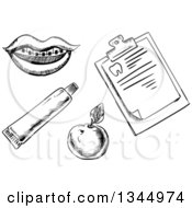 Poster, Art Print Of Black And White Sketched Mouth With Braces Apple Toothpaste Tube And Clipboard