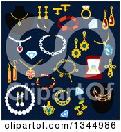 Poster, Art Print Of Flat Design Jewelery Items On Navy Blue