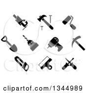 Poster, Art Print Of Black And White Hammer Nail Crossed Screwdriver Handsaw Shovel Paint Roller Bench Vice Drill Wide Spatula Hammer Drill And Pickaxe Icons