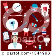 Poster, Art Print Of Flat Design Dentist Or Nurse Avatar With Items On Red