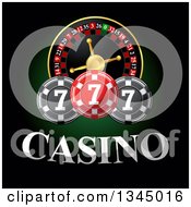Casino Roulette Wheel With Poker Chips And Text On Dark Green And Black