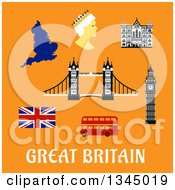 Flat Design Union Jack Flag Map Tower Bridge Big Ben Cathedral And Double Decker Bus Over Great Britain Text On Orange