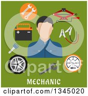 Poster, Art Print Of Flat Design Mechanic Avatar With Jack Screw Wheel Key Wrench And Battery Items Over Text On Green
