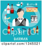 Poster, Art Print Of Flat Design Bartender Avatar And Items Over Text On Blue