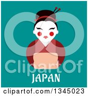 Poster, Art Print Of Flat Design Geisha Woman Wearing A Formal Red Kimono Over Japan Text On Turquoise