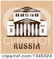 Poster, Art Print Of Flat Design Of The Central Facade Of The Grand Theater Of Opera And Ballet Building Over Russia Text On Tan