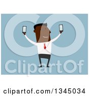 Flat Design Black Businessman Taking Selfies With Two Smart Cell Phones On Blue