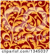 Poster, Art Print Of Seamless Background Pattern Of Orange Vintage Floral Scrolls On Red