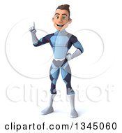 Clipart Of A 3d Young Brunette White Male Super Hero In A Dark Blue Suit Holding Up A Finger Royalty Free Illustration
