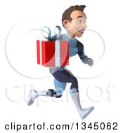 Clipart Of A 3d Young Brunette White Male Super Hero In A Dark Blue Suit Sprinting To The Right And Holding A Gift Royalty Free Illustration