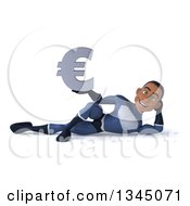Clipart Of A 3d Young Black Male Super Hero Dark Blue Suit Holding A Euro Currency Symbol And Resting On His Side Royalty Free Illustration
