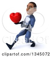 Clipart Of A 3d Young Black Male Super Hero Dark Blue Suit Holding A Red Love Heart And Speed Walking To The Left Royalty Free Illustration