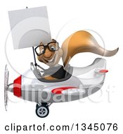 Clipart Of A 3d Bespectacled Business Squirrel Aviator Pilot Holding A Blank Sign And Flying A White And Red Airplane To The Left Royalty Free Illustration