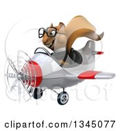 Clipart Of A 3d Bespectacled Business Squirrel Aviator Pilot Flying A White And Red Airplane Slightly To The Left Royalty Free Illustration