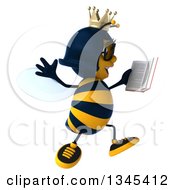 Clipart Of A 3d Happy Bespectacled Queen Bee Facing Right Jumping And Reading A Book Royalty Free Illustration