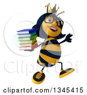Clipart Of A 3d Happy Bespectacled Queen Bee Jumping And Holding A Stack Of Books Royalty Free Illustration