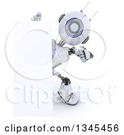 Poster, Art Print Of 3d Futuristic Robot Pointing Around A Sign Over A White Background
