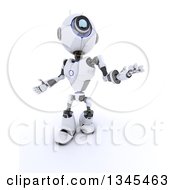 Poster, Art Print Of 3d Futuristic Robot Looking Up And Gesturing On A Shaded White Background