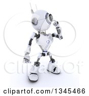 Poster, Art Print Of 3d Futuristic Robot Thinking On A Shaded White Background
