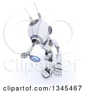 3d Futuristic Robot Looking Down And Searching With A Magnifying Glass On A Shaded White Background