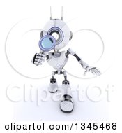 Poster, Art Print Of 3d Futuristic Robot Searching With A Magnifying Glass On A Shaded White Background