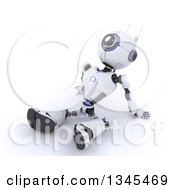 Poster, Art Print Of 3d Futuristic Robot Sitting On The Ground Leaning Back And Looking Upwards On A Shaded White Background