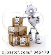 3d Futuristic Robot Presenting By Boxes On A Shaded White Background