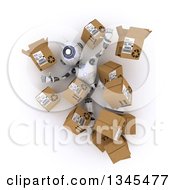 3d Futuristic Robot Falling And Surrounded By Boxes On A Shaded White Background